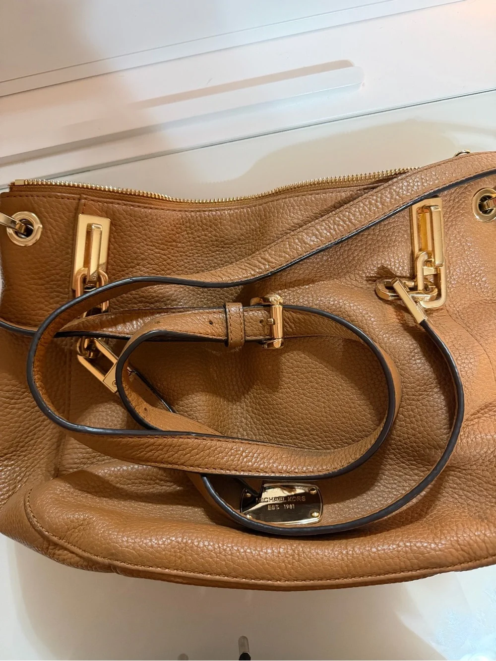 Michael Kors Brown Pebbled Leather Shoulder Bag with Gold Hardware